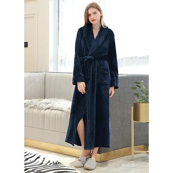 Dames Lang Morgenkåbe Dam Mikrofiber Vinter Varmt Fluffy Morgenkåbe Sauna Robe Sove Tøj Julegave - Marineblå XL