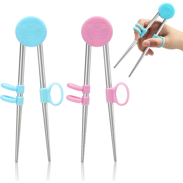 2 par träningspinnar för barn, barn vuxna inlärningspinnar hjälpare rostfritt stål återanvändbara metallpinnar (blå, rosa)_pa