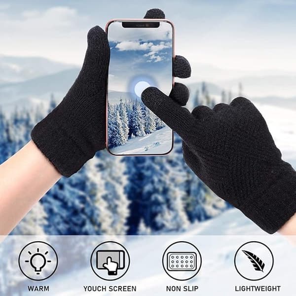 Vinterhandsker til kvinder, varme strikkede, fleeceforede, touchscreen-design med to fingre, til vintervandring og kørsel, beige, one size