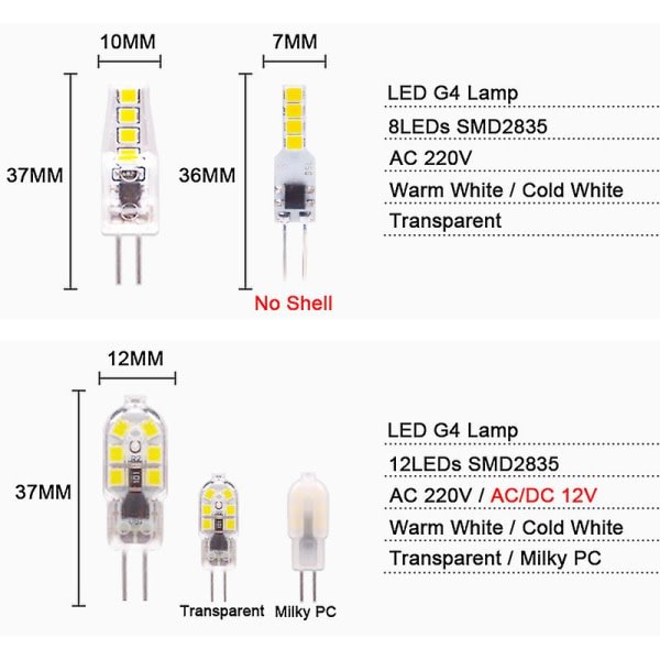 10st Led Lampa G4 G9 3w 6w Led Lampa AC 220v AC/DC 12V Glödlampa Smd2835 Led Spotlight Ljuskrona Belysning 30w 40w Halogenlampa läpinäkyvä
