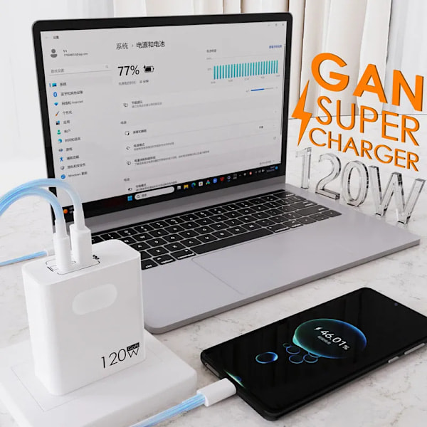 USB-C 120W Gan Supersnabb PD-Laddare för Bärbara, Tabletter, 15-tums iPad, Macbook, Oppo, Samsung, Xiaomi - USB Snabbladdningsadapter, EU-kontakt