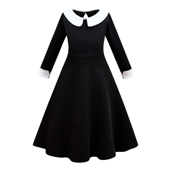 Adams Family Girl's Wednesday Cosplay rollspelskostym kjole parykk 120cm Kjole 120cm Kjole 120cm