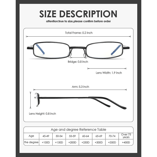 3-pak læsebriller med smal lomme til mænd og kvinder - Blålysblokerende kompakte læsere - Fjederhængsler - Metalramme - Briller med bærbar penneklips - Tube C