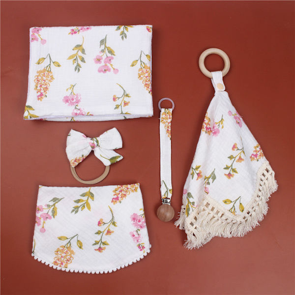Baby 5-delars set för nyfödda - Mjölkburk, Rapduk, Topp, Lugnande filt, Salivhandduk, Nappklämma, Hänge, Babyhårband XINGX
