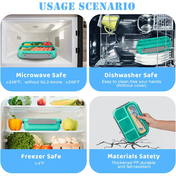 Bento Lunchbox, Bento Lunchbox för vuxna, Lunchbox för småbarn/barn/vuxna, 1300 ml - 4 fack och gaffel; läcksäker (grön)