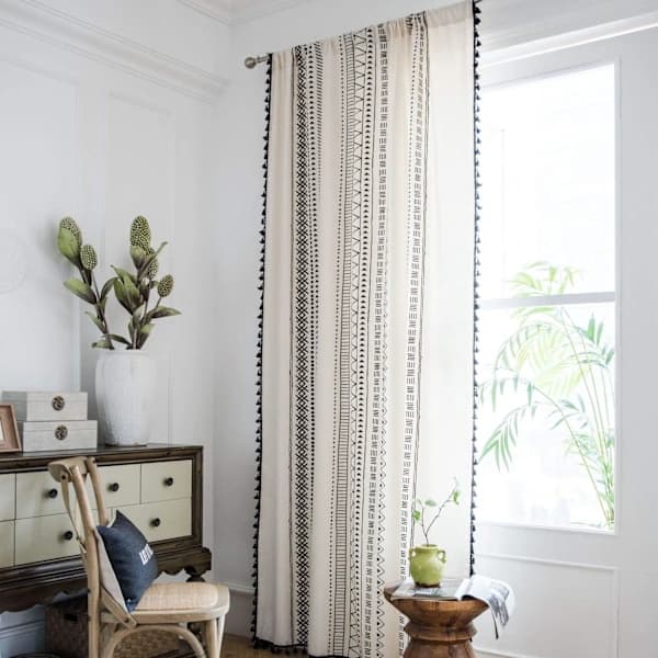 Boho Bomull Lin Vindusgardinpanel med dusker Rod Pock