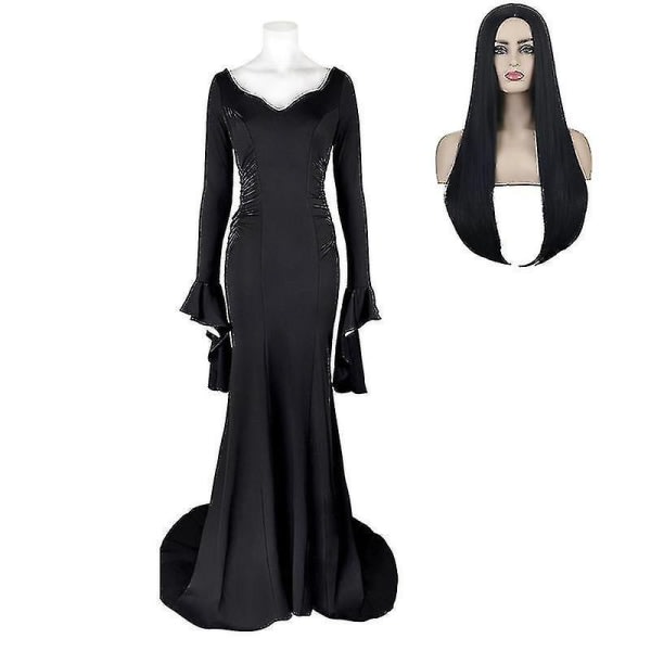 Onsdag Morticia Addams Cosplay Kostym Sexig Svart Klänning För Kvinnor Halloween Carnival Party Kostym Med peruk S