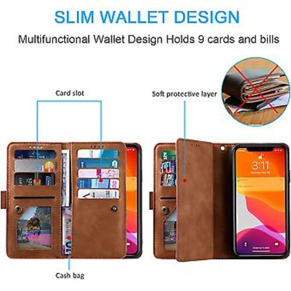 Wallet Case til Iphone Se 2022 5g/iphone 7/iphone 8/iphone Se 2020, 9 Kort Holder Slots Lynlås Lomme Håndtaske Case Pu Læder Case - Brun