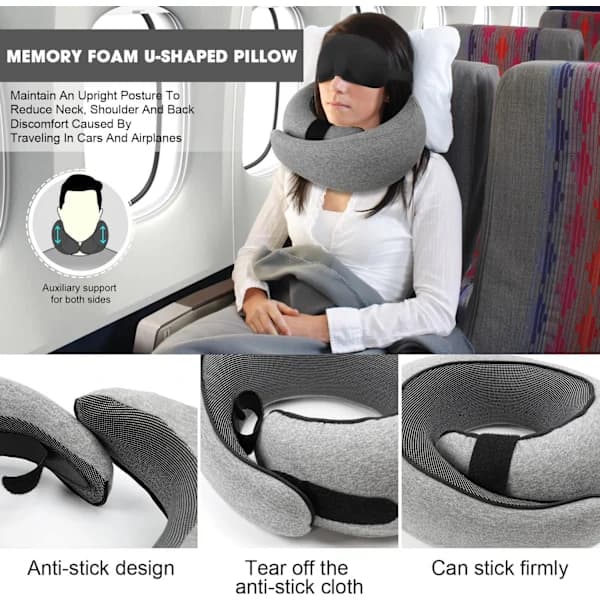Grå U-formet nakkepute i memory foam for reiser og fly