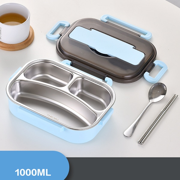 Bentoboxar för studenter rostfritt stål foder dubbellager lunchlåda med lock lunchbehållare för barn vuxen Small 2 Grid Blue