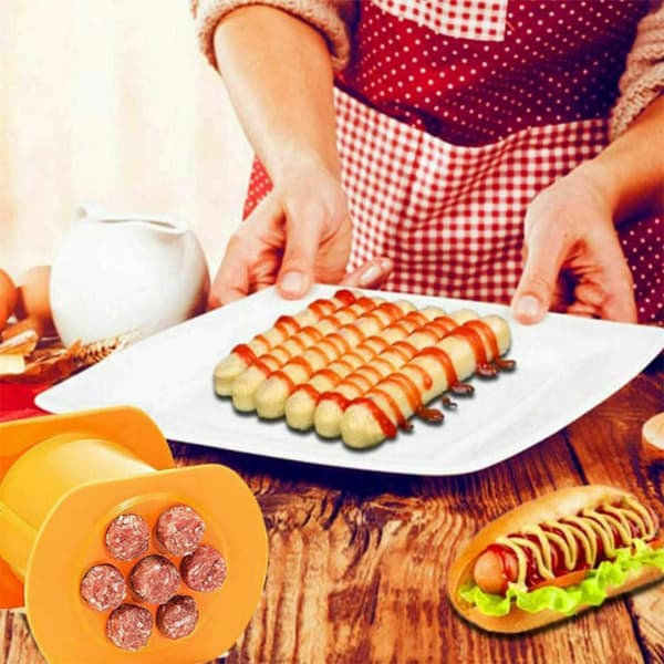 Köttpress, korvpress, köksredskap (orange)