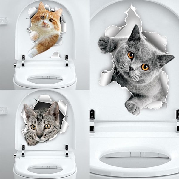 Katte 3D Vægsticker Toilet Stickers Hulvisning Levende Badeværelse Til Hjemmedekoration Dyr Vinyl Dekaler Kunst Tapet Poster Matches the image 20X30CM