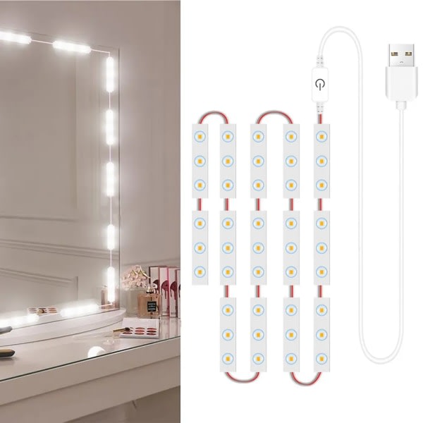 14 st LED sminkspegelljus Dimbar pekkontroll sminkspegellampa badrumsspegellampa med USB -kabel LED-stripslampa sminkspegel