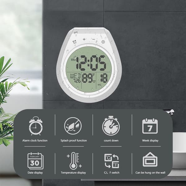 Vattentät digital badrumsduschklocka med LCD-display, nedräkningstimer, temperatur och datum, sugkoppsfäste, vit