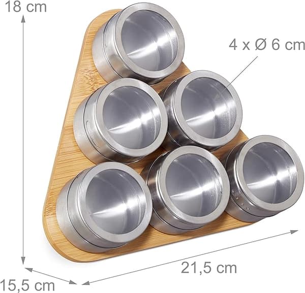 Krydderihylde, 6 krydderiglas i rustfrit stål, til drys, magnetisk holder af bambus, stående, krydderibræt,