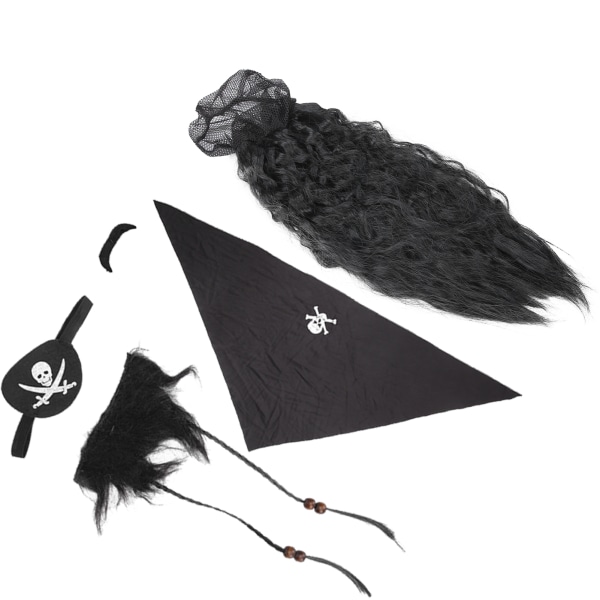 Black Pirate Fake Beard Bart Sett Parykk Hodeskjerf Falsk Flettet skjegg til Halloween