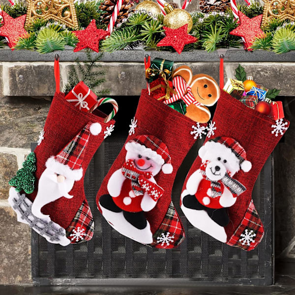 3-pack julstrumpor 3D stor tomte, tomte, snögubbe, ren