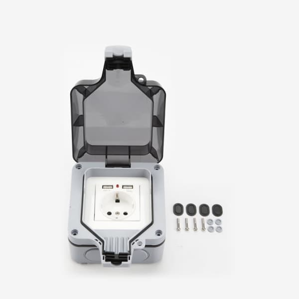 Waterproof Wall Socket with Lid, with 2 USB Ports Grey