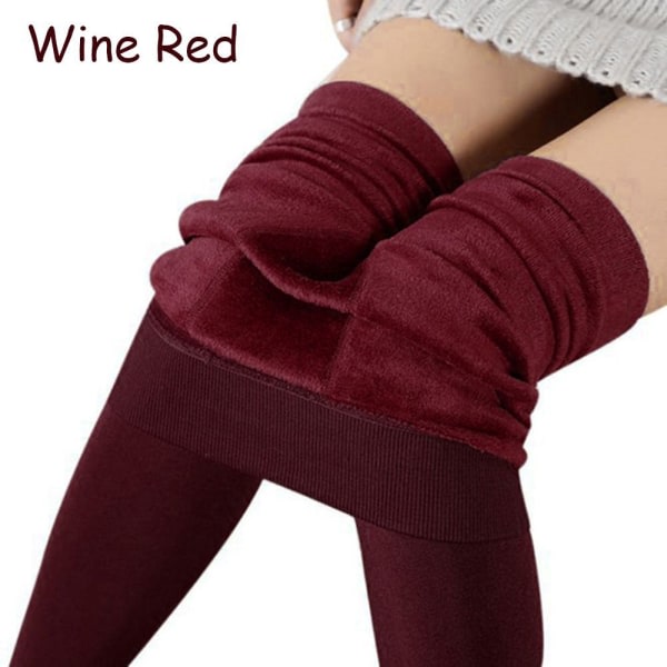 Kvinners Solid Vinter Varme Fleece Fôret Termiske Leggings WINE RED vinrød