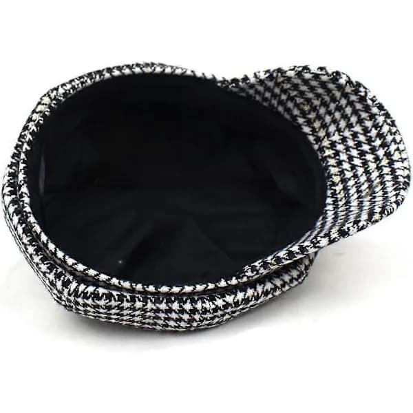 Stilfuld Unisex Efterår Vinter Tweed Newsboy Hat Sort 8 Panel Houndstooth Casual