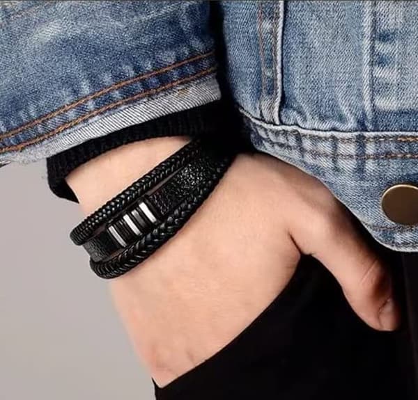Sort læderarmbånd kompatibelt med mænd - Gave til mænd 23cm