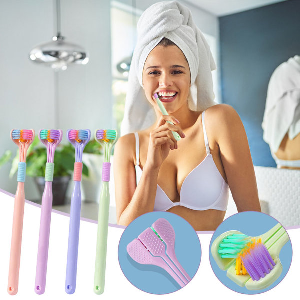 Pakke med 2 3 4 tresidede tandbørster Blød børstehår til voksne V-formet tandbørste Skridhæmmende tandbørste