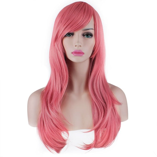 28" 70 cm modeperuker Långt vågigt lockigt hår Cosplay Peruk & Peruk Cap (rosa)
