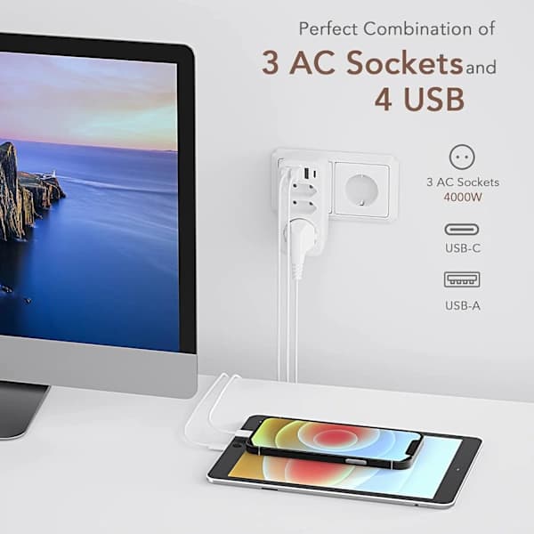 USB-stikdåse, 7-i-1 stikdåseadapter (Hvid)