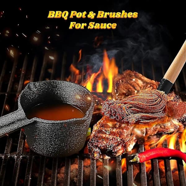Støbejernsgryde og BBQ-moppebørstesæt til grillning, 6 stk. grilltilbehør inkluderer 710 ml