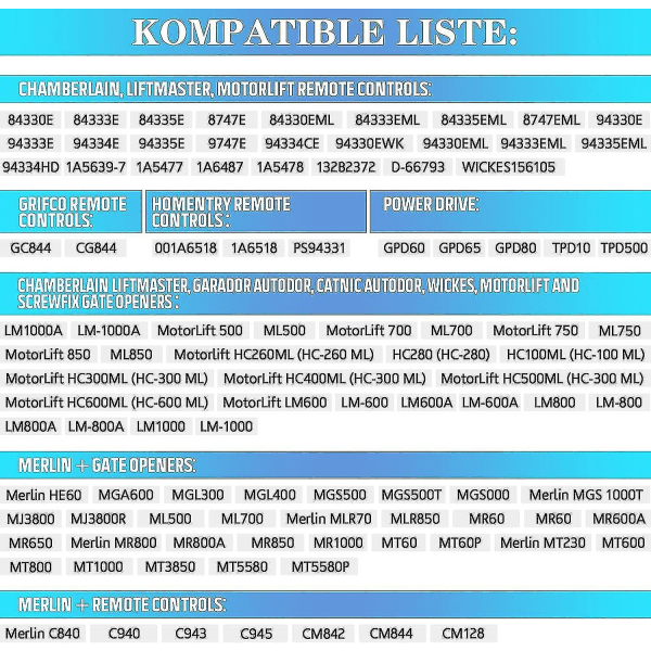 2-pakkia korvaavia Chamberlain Liftmaster Motorlift -garageavantimen ohjaimia 94335e | 84335e | Ml700 | Ml500 | Ml850 | Merlin + C945 | C840