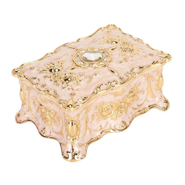 Vintage rektangulært smykkeskrin retro metal antik emalje guld trim rhinsten nipsting opbevaringsæske hvid