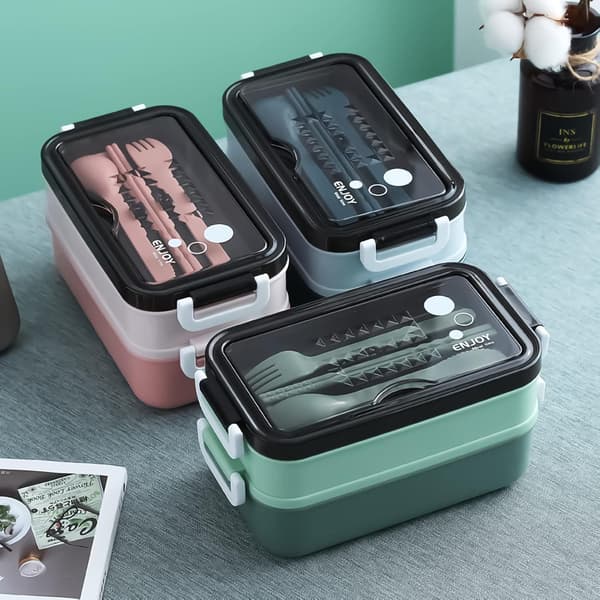 Bento Lunch Box, Microwave Safe, Comes with Three-Piece Cutlery Set, Perfect for Camping, Work