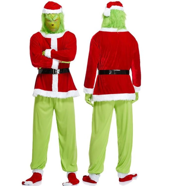 Voksen Santa Grinch Jumpsuit med maske Juleferiedragt _iu hovedbeklædning