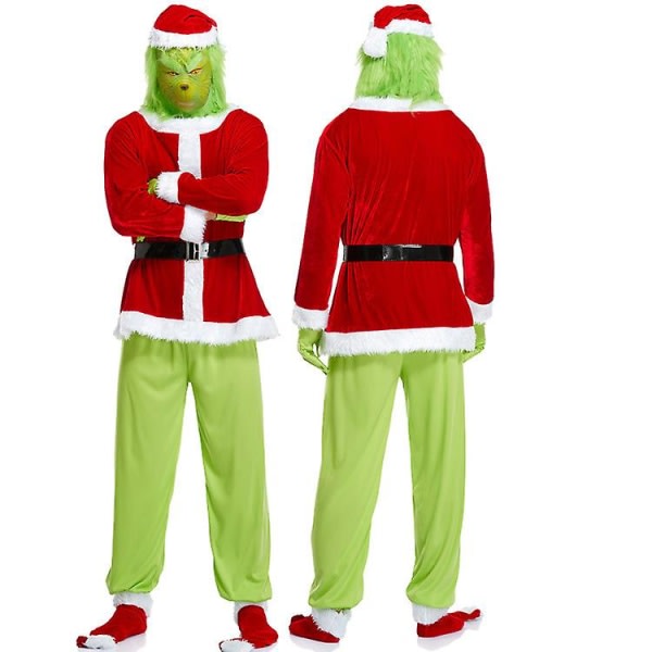 Vuxen Santa Grinch Jumpsuit med maske Julferiedräkt _iu hovedbeklædning