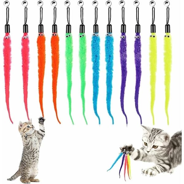 Replacement Pack for Cat Wand 12 Pcs Fur Worm with Bell Interactive Cat Toy Cat Wand Refills - MODOU