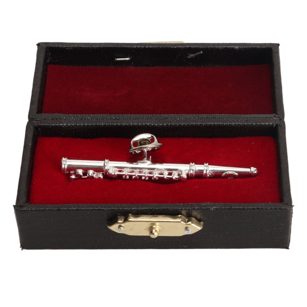 Sølvfløjtebroche Miniaturemusikinstrument Reversbrochenål med rød fløjlsforet instrumentkasse