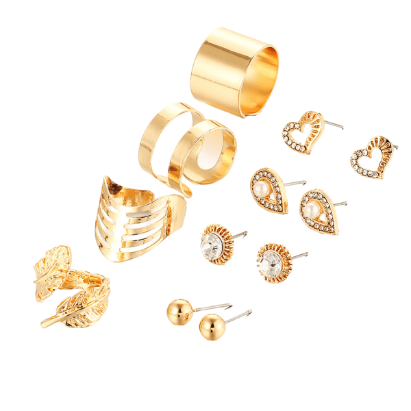 8 stk stilfulde kvinder pige ring & øreringe ørestikker sæt charmerende kvindelige smykker gaver (guld)