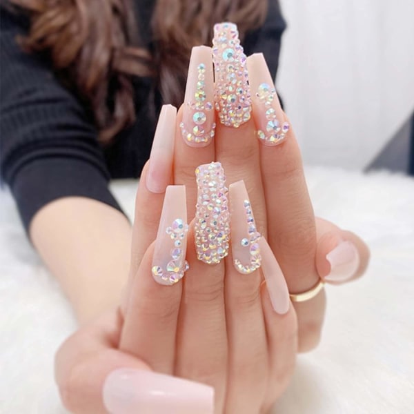 lyxiga franska tryck på naglar kista falska naglar långa akryl cover strass lösnaglar tips for women and flickor 24 st.