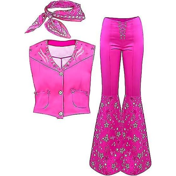 Cowgirl Outfit 70-tal 80-tal Hippie Disco Kostym Pink Flare Byxa Halloween Cosplay For Kvinnor Tjej L