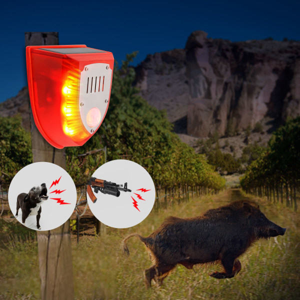Uppgraderat Solenergi Utomhus Rörelsesensor Larm Hundskall & Skottljud 129db Hög Ljudgenerator 3 Arbetslägen Blixtljus med USB