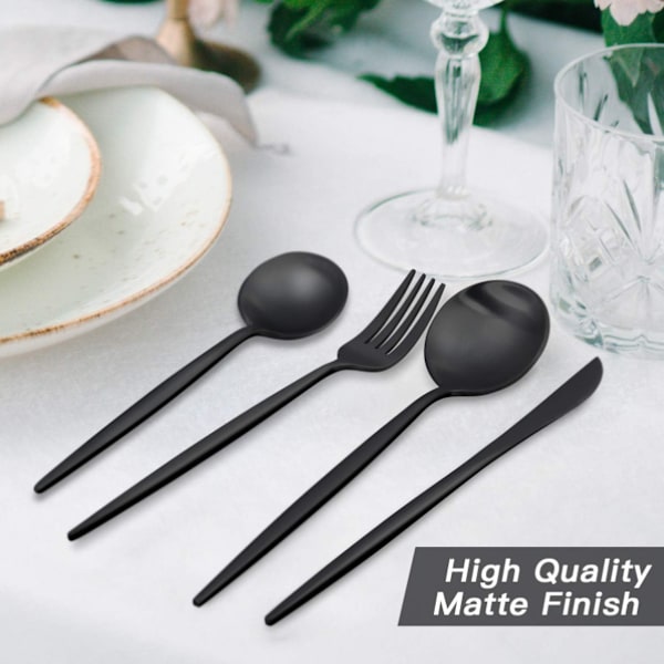 Bestiksæt i Sølv, 16 Dele Satin Finish Bestiksæt til 4, Knive/Gaffler/Skeer Inkluderet, Premium Rustfrit Stål Køkkenbestiksæt til Hjemmet Black