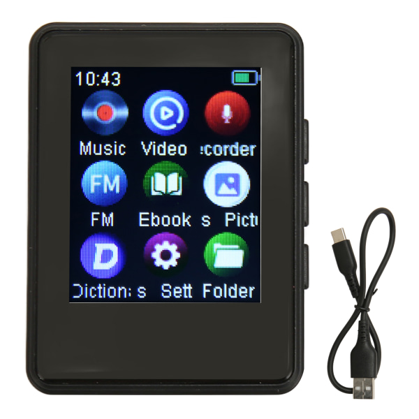 MP3-spelare Bluetooth 5.0 HiFi-ljud 1,77-tums musikspelare med full pekskärm med FM-radio Elektronisk bokröstinspelning