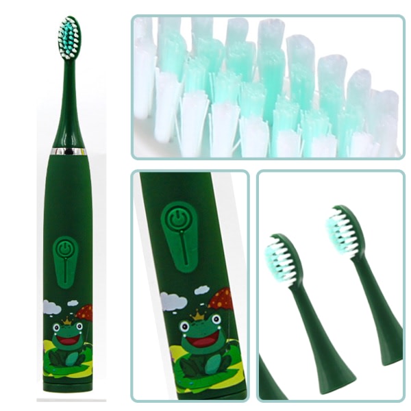 Elektrisk tandborste för barn med 6 borsthuvuden, IPX7 vattentät, inbyggd smart timer, barntandborste lämplig för åldrarna 3+ Green