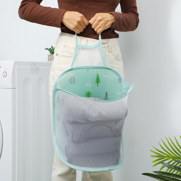 Sammenleggbar vaskepose Sammenleggbar vaskekurv Stor skittentøyskurv Mesh Veggmontert for bad med krok Grønt tre
