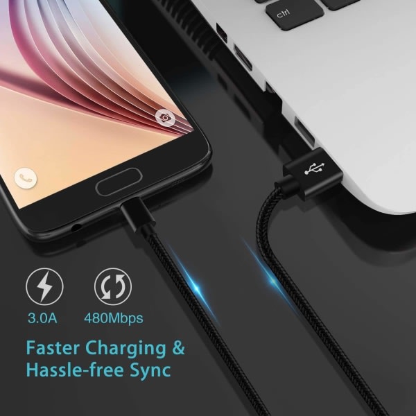 2. USB C-kabel type C hurtigopplastingskabel for Samsung Galaxy A12 / A32 / A42 / A52 / A72 Nylon Android-telefonladdare (1m, svart)