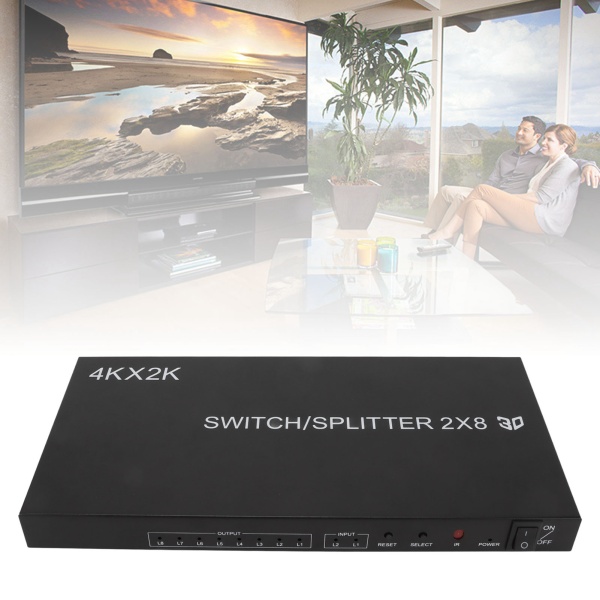 2x8 HD Multimedia Interface Switch 4Kx2K 2 in 8 Out HD Multimedia Interface Distributor med IR fjernkontroll EU Plugg