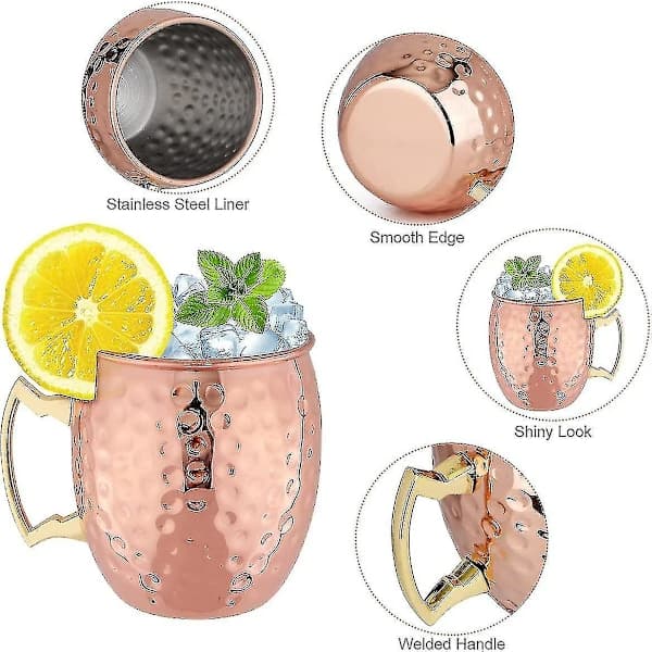 Kopparmugg Set med 4 Kopparmuggar, Kopparmugg för Moscow Mule Cocktail, 47 cl Presentförpackning