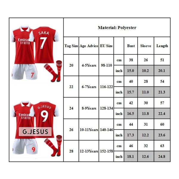 2223 Arsenal hemma nr 9 Jesus nr 19 Pepe nr 7 Saka fotbollströja dräkt L