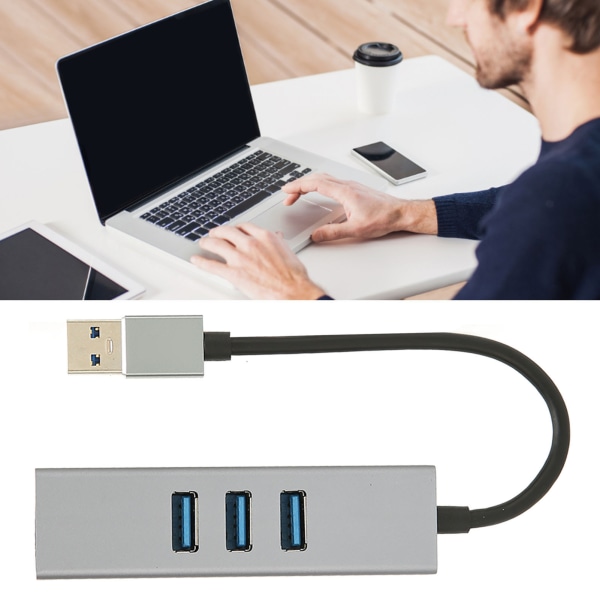 4 Port USB3.0 Hub Multiport Plug and Play 5Gbps høyhastighets USB3.0 til RJ45 nettverksadapter USB-dokkingstasjon Sølvgrå