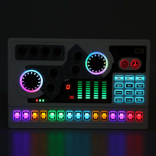 Live Sound Card Bluetooth 5.0 Noise Reduction Voice Changer Sound Mixer Board med RGB-lys for kringkasting Karaoke White